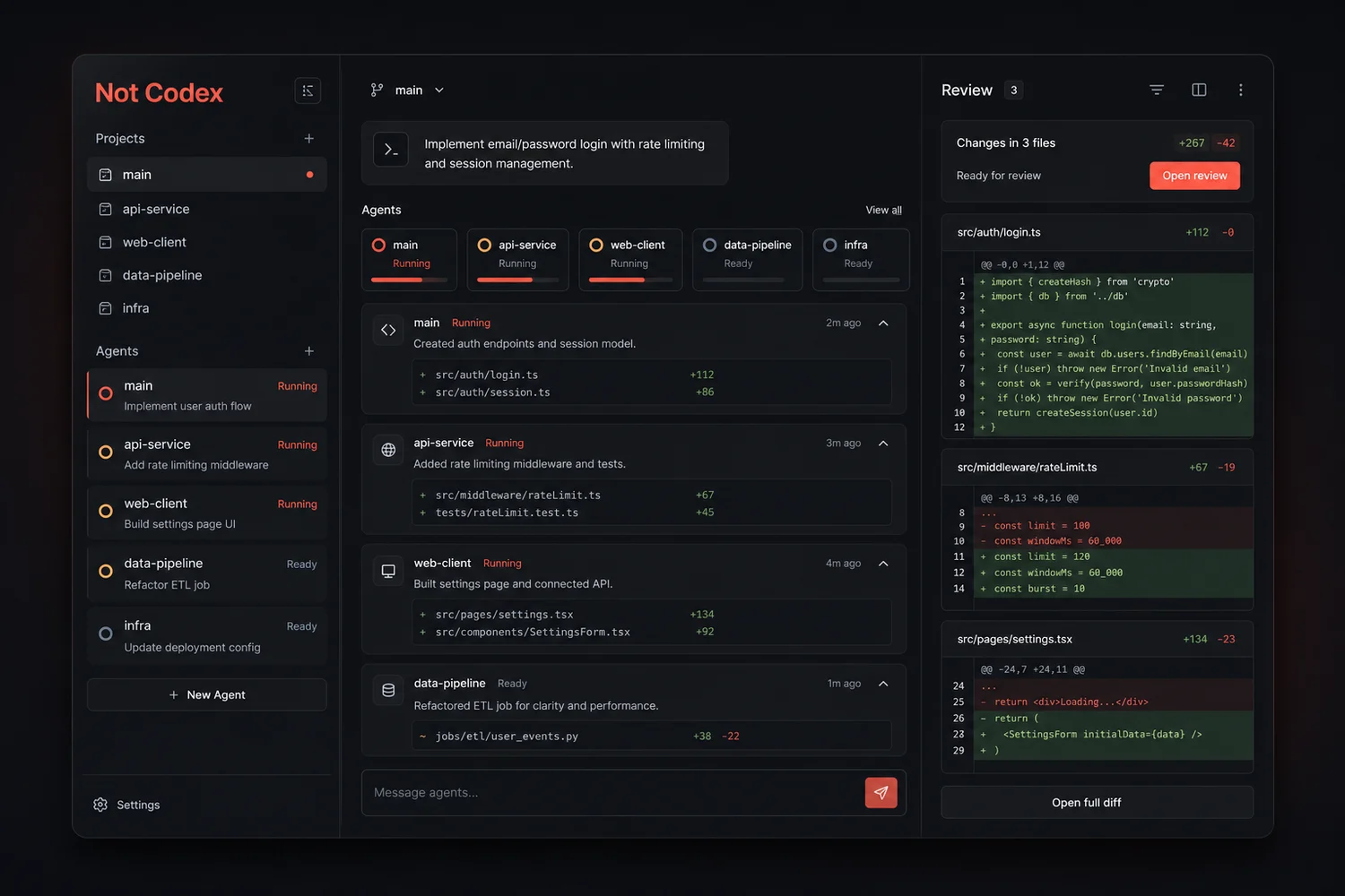 Conceptual Not Codex control plane coordinating several coding-agent workstreams and a change review